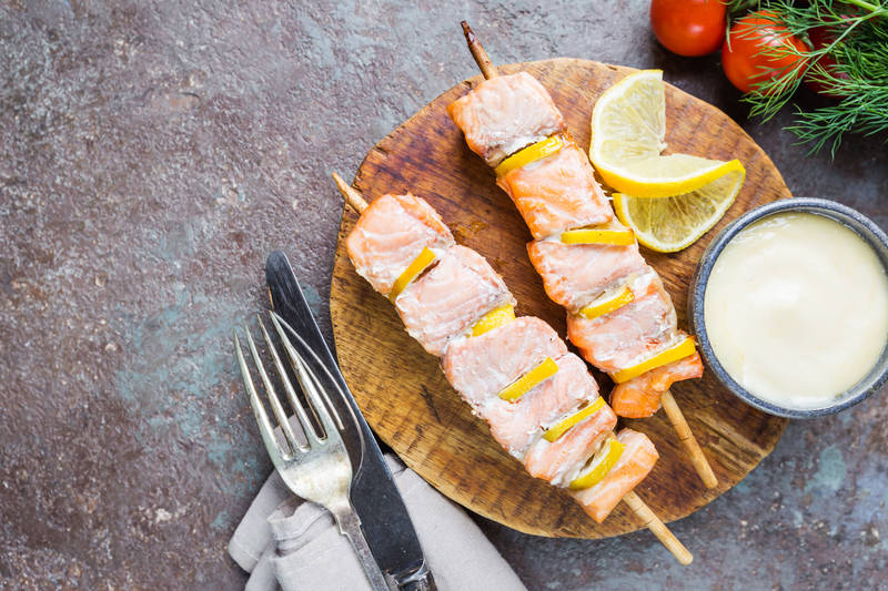 grilled skewers of salmon W7MPTLG