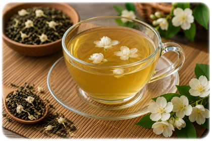 Napar z zielonej herbaty jaśminowej – Green Jasmine Tea o delikatnym kwiatowym aromacie i złocistym kolorze