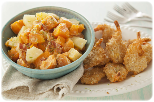 propozycja podania krewetek w cieście shrimps dish