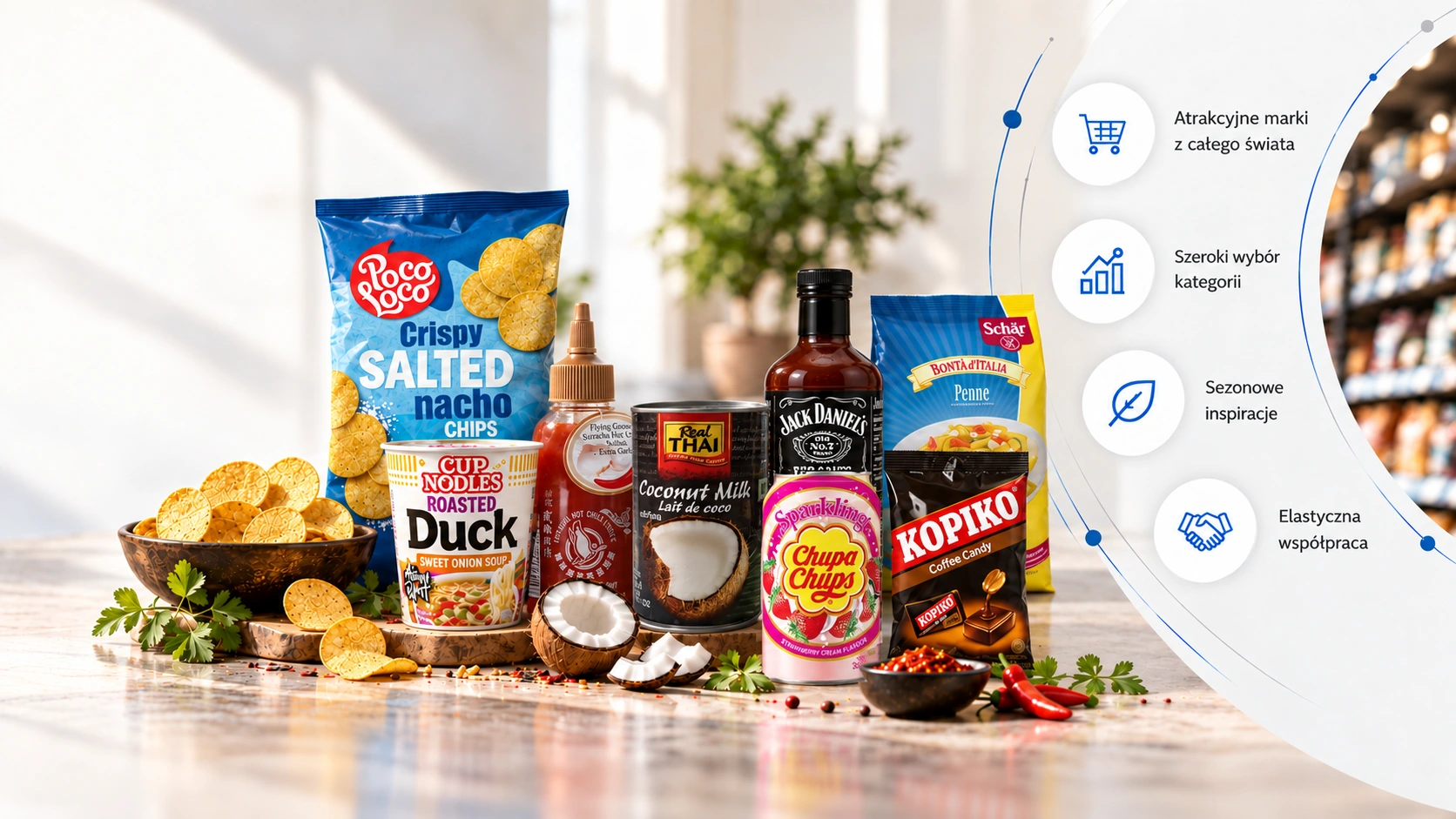 Produkty z oferty Kuchni Świata. Atrakcyjne marki z całego świata, szeroki wybór kategorii, sezonowe inspiracje i elastyczna współpraca.